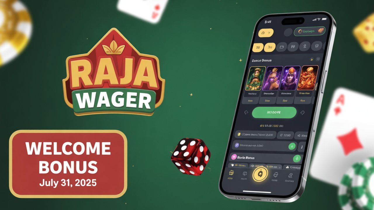 Raja Wager promotional banner with logo, mobile app display, and welcome bonus badge.